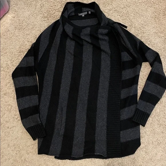 Vince Wrap Drape Front Cashmere Wool Alpaca Blend Sweater Black Gray Stripe EC M - Picture 16 of 16